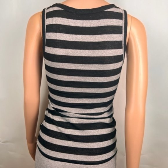 Black Silver Top Long Sleeveless Striped Fitted - Picture 3 of 6